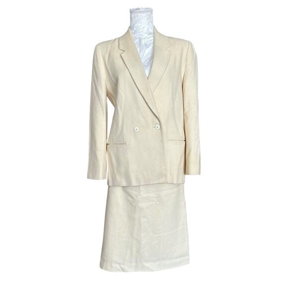 Vintage Dresses & Skirts - 80s Cream Wool Skirt Suit Set Blazer XS Light Academia